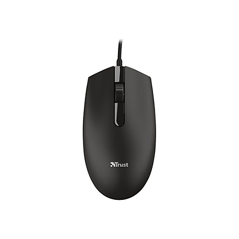 Schwarze, kabelgebundene Computermaus mit zwei Tasten und Scrollrad vor weißem Hintergrund.