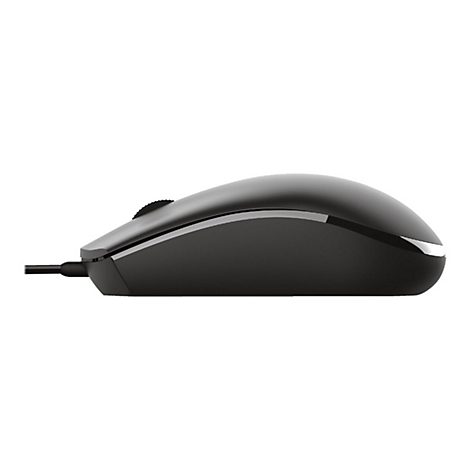Schwarze, kabelgebundene Computermaus in Seitenansicht auf weißem Hintergrund.