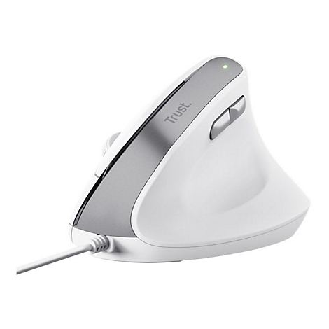 Weiße, ergonomische Vertikalmaus von Trust mit grauem Zierstreifen und grüner LED-Statusleuchte auf weißem Grund.