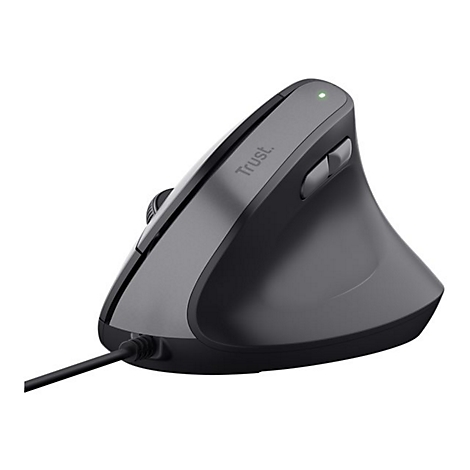 Dunkelgraue, vertikale Trust-Ergonomie-Maus mit grün leuchtender Status-LED.