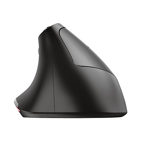 Schwarze ergonomische Maus, seitlich betrachtet. Der Daumenbereich ist erhÃ¶ht.