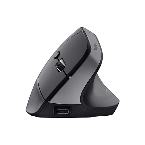 Seitliche Ansicht einer grauen, ergonomischen Vertikalmaus von Trust mit USB-C-Anschluss.
