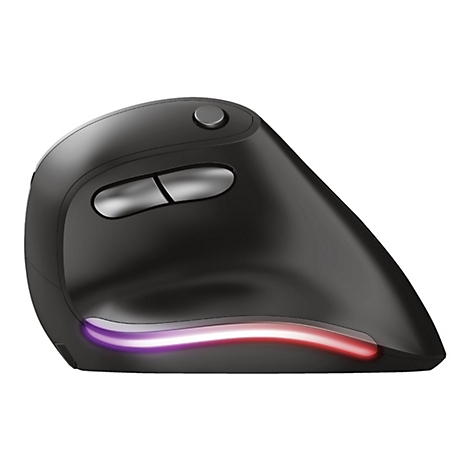 Schwarze, ergonomische Vertikal-Computermaus mit leuchtendem RGB-Lichtstreifen an der Unterseite.