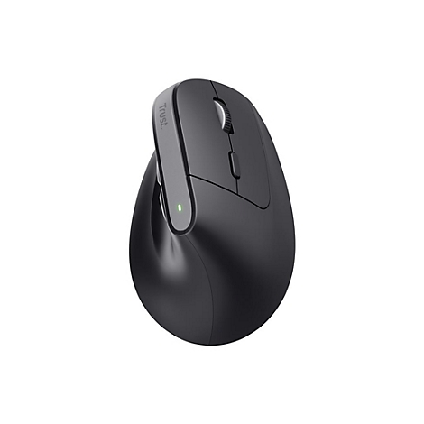 Schwarze vertikale ergonomische Computermaus von Trust vor weißem Hintergrund mit grüner LED-Statusleuchte.