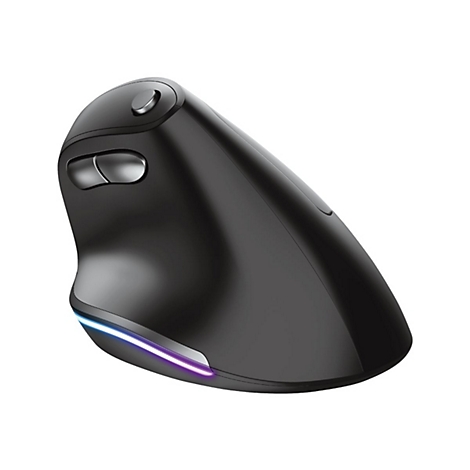 Schwarze, ergonomische Vertikal-Maus mit Daumentasten und schmaler, leuchtender LED-Lichtleiste an der Seite.