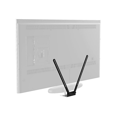 Rückseite eines Fernsehers mit einer schwarzen, V-förmigen Standhalterung.