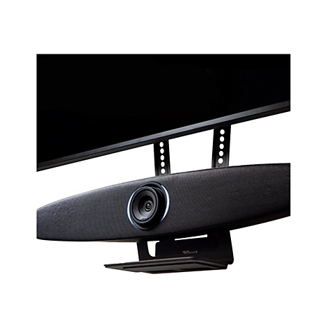 Eine schwarze Soundbar mit integrierter Kamera ist unter einem schwarzen Bildschirm montiert. Die Soundbar hat ein modernes Design.
