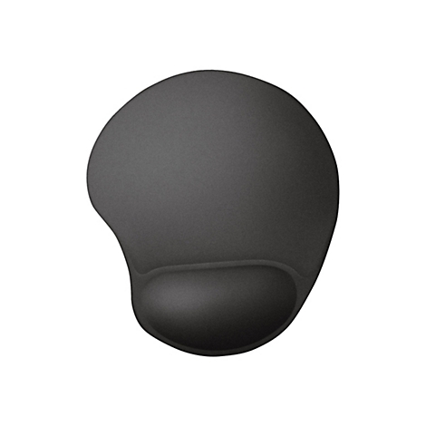 Schwarzes Mauspad mit integrierter Handballenauflage vor weißem Hintergrund.
