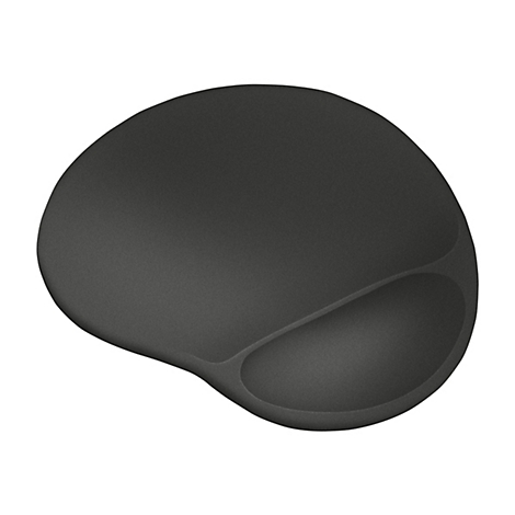 Schwarzes, asymmetrisches Mauspad mit integrierter Handballenauflage vor weißem Hintergrund.