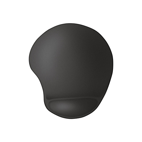 Schwarzes, ergonomisch geformtes Mauspad mit integrierter Handballenauflage vor weißem Hintergrund.