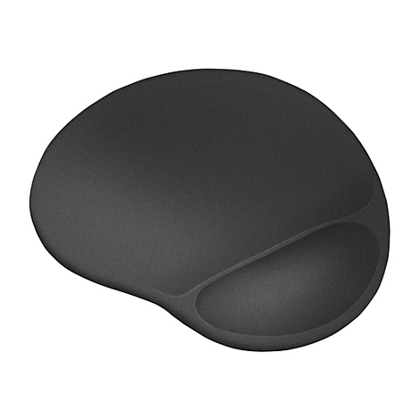 Schwarzes ergonomisches Mauspad mit integrierter Handballenauflage vor weißem Hintergrund.