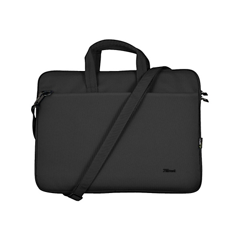 Schwarze Laptop-Tasche mit Tragegriffen und Schultergurt vor neutralem Hintergrund.