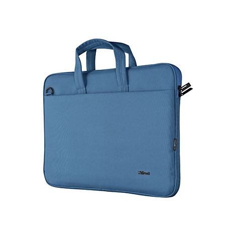 Blaue, flache Laptop-Tasche mit Tragegriffen und Reißverschluss vor neutralem Hintergrund.