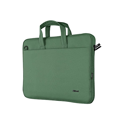 Eine grüne, flache Laptoptasche mit Tragegriffen vor weißem Hintergrund.