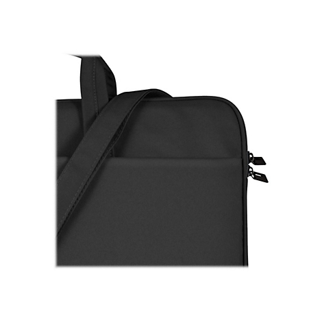 Detailansicht einer schwarzen Laptoptasche mit Tragegriff und Reißverschluss.