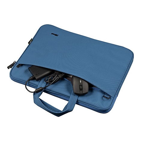 Blaue Laptoptasche mit Zubehörfach, gefüllt mit Maus und Netzteil.