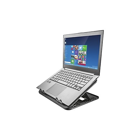 Ein Laptop steht auf einem schwarzen Laptop-StÃ¤nder. Der Bildschirm zeigt das Windows-StartmenÃ¼.
