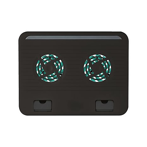 Schwarzer Laptop-KÃ¼hler mit zwei runden LÃ¼ftern, die mit weiÃŸen und grÃ¼nen Streifen versehen sind.