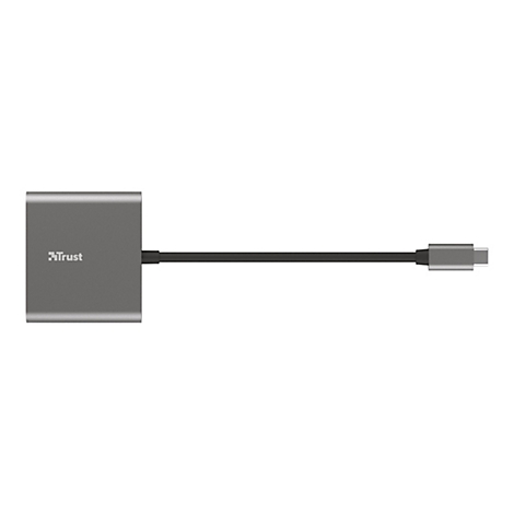 Ein grauer USB-C-Adapter mit Kabel, Marke Trust. Das Produkt liegt freigestellt auf weiÃŸem Hintergrund.