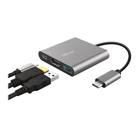 Grauer USB-C-Hub von Trust mit verschiedenen AnschlÃ¼ssen und Kabeln.
