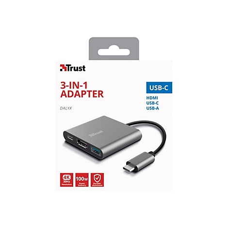 Grauer Trust 3-in-1-Adapter mit USB-C-Anschluss, HDMI, USB-C und USB-A. Aufschrift 4K 100W.