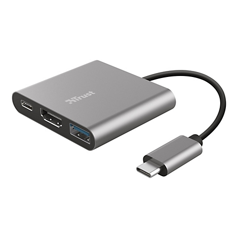 Grauer USB-C-Hub mit AnschlÃ¼ssen fÃ¼r HDMI, USB und USB-C.