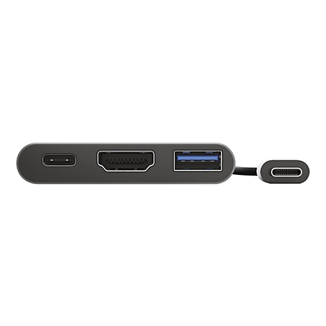 Dunkelgrauer USB-C-Hub mit HDMI, USB-A und USB-C-AnschlÃ¼ssen. Kabelsatz.