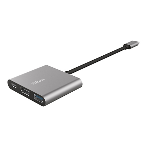 Silberner USB-C-Adapter mit mehreren AnschlÃ¼ssen, darunter HDMI, USB und USB-C-Anschluss.