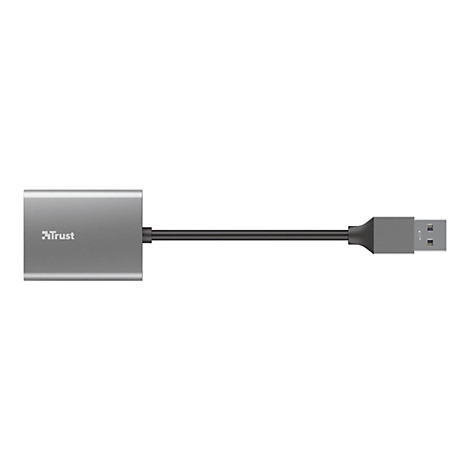 Grauer USB-C-Adapter von Trust mit schwarzem Kabel auf weißem Hintergrund.