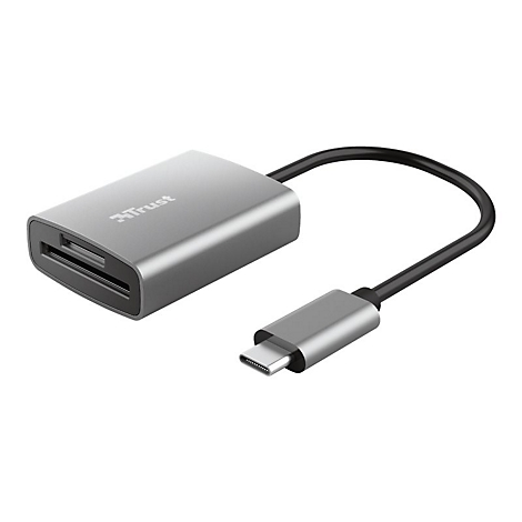 Grauer USB-C Kartenleser der Marke Trust mit schwarzem Kabel vor weißem Hintergrund.