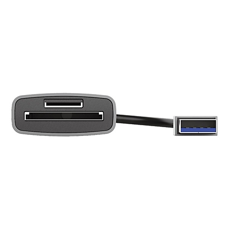 Kartenlesegerät mit zwei Schlitzen und schwarzem USB-Kabel mit blauem Stecker vor weißem Hintergrund.