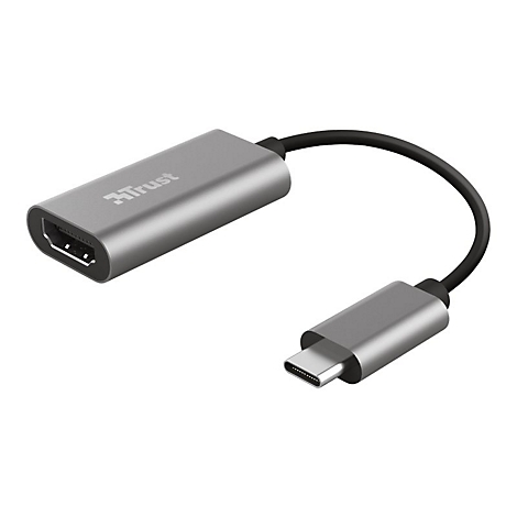 Grauer USB-C auf HDMI-Adapter der Marke Trust mit kurzem schwarzem Kabel vor weißem Hintergrund.
