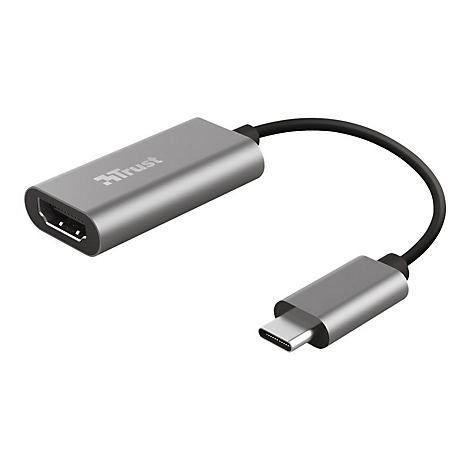 Grauer USB-C auf HDMI-Adapter von Trust mit schwarzem Kabel.