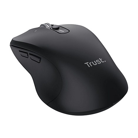 Schwarze, ergonomisch geformte kabellose Trust-Computermaus vor weißem Hintergrund.