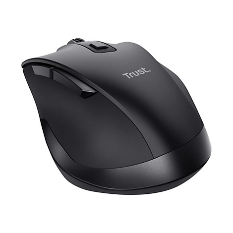 Schwarze kabellose Trust Computermaus mit ergonomischem Design vor weißem Hintergrund.