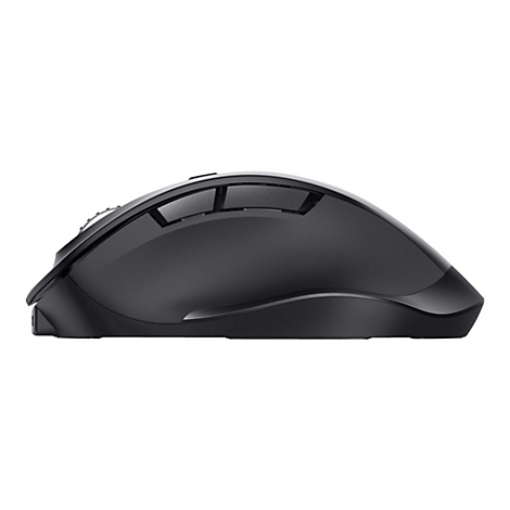 Schwarze, ergonomische Gaming-Maus in der Seitenansicht vor weißem Hintergrund.