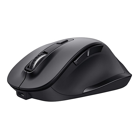 Drahtlose, ergonomische Computermaus in mattem Schwarz mit Scrollrad und Zusatztasten vor weißem Hintergrund.