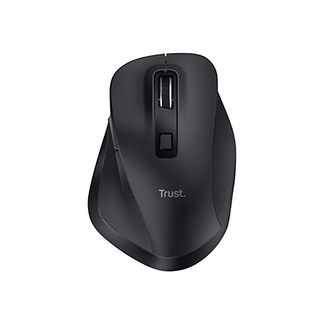Draufsicht einer ergonomischen, mattschwarzen kabellosen Computermaus der Marke Trust mit Scrollrad und Tasten.