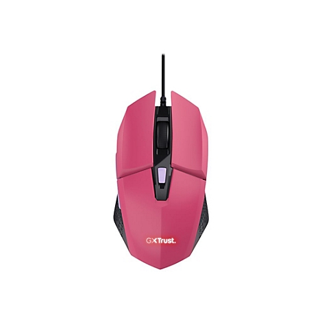 Eine rosa Gaming-Maus mit schwarzem Kabel und beleuchtetem GXTrust-Logo auf weißem Hintergrund.