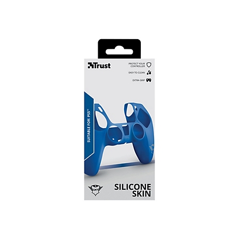 Produktverpackung eines blauen Silikon-Controller-Schutzes für PS5. Logo der Marke Trust oben links.