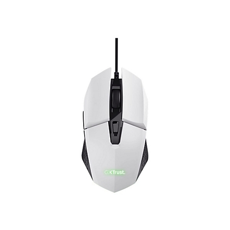 Weiße Gaming-Maus mit schwarzem Mausrad und GXT-Logo auf weißem Hintergrund.