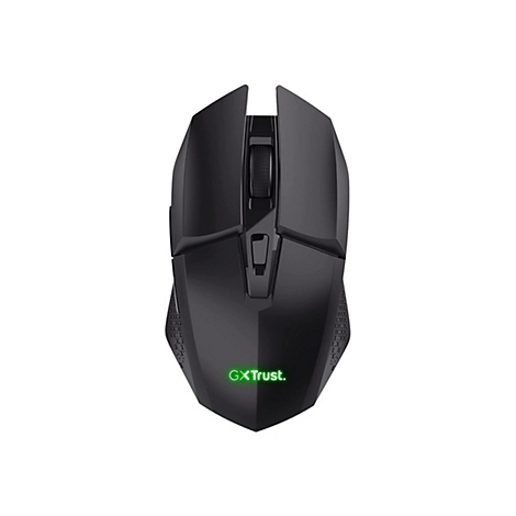 Schwarze Gaming-Maus mit grün leuchtendem GXTrust-Logo auf weißem Hintergrund.