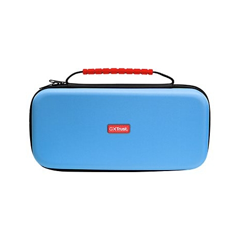Helle, blaue Hartschalentasche mit rotem Griff und GxTrust-Logo auf weißem Hintergrund.