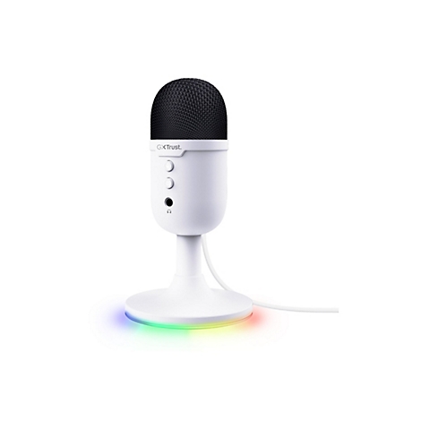 Weißes GXTrust Streaming-Mikrofon mit schwarzem Kopf und leuchtendem RGB-Standfuß vor weißem Hintergrund.