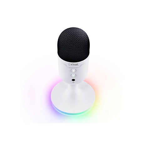 Weißes Gaming-Mikrofon mit schwarzem Gitter, RGB-Beleuchtung am Standfuß und GXTrust-Schriftzug vor weißem Hintergrund.