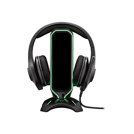 Schwarzes Gaming-Headset auf Ständer mit grüner Beleuchtung, Kabelverbindung.
