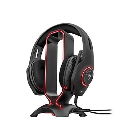 Schwarzes Gaming-Headset mit roter Beleuchtung auf Halterung. Drehregler und Logo sichtbar.