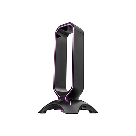 Schwarzer Headset-Ständer mit lilafarbenen Lichtlinien. Oben ein USB-Anschluss.