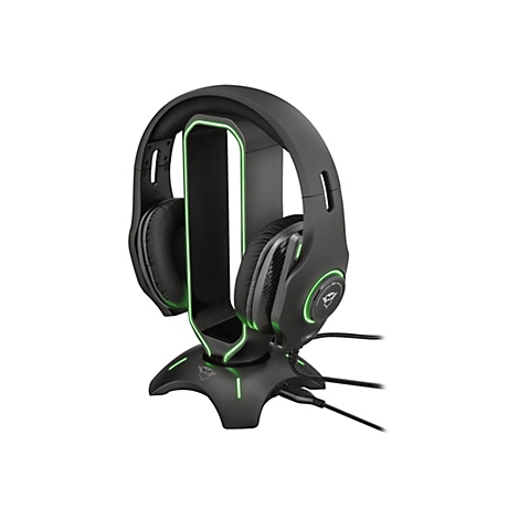 Schwarzes Gaming-Headset mit grüner LED-Beleuchtung auf einem Ständer.