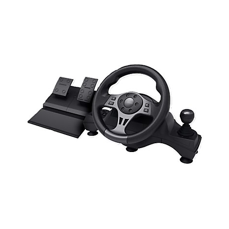 Schwarzes Gaming-Lenkrad mit Pedaleinheit und Schaltknauf auf weißem Hintergrund.